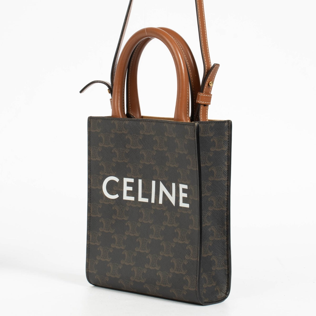 Shop the authentic Mini Vertical Cabas In Triomphe Canvas with Celine print pre-loved on Labellov.com