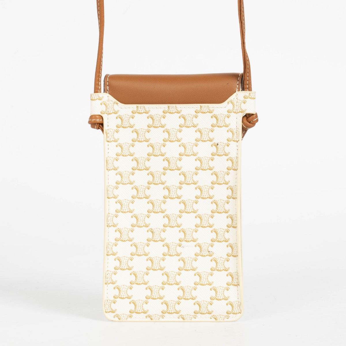 Authentic pre-loved Celine Brown/White Leather/Canvas Triomphe Phone holder on Labellov.com