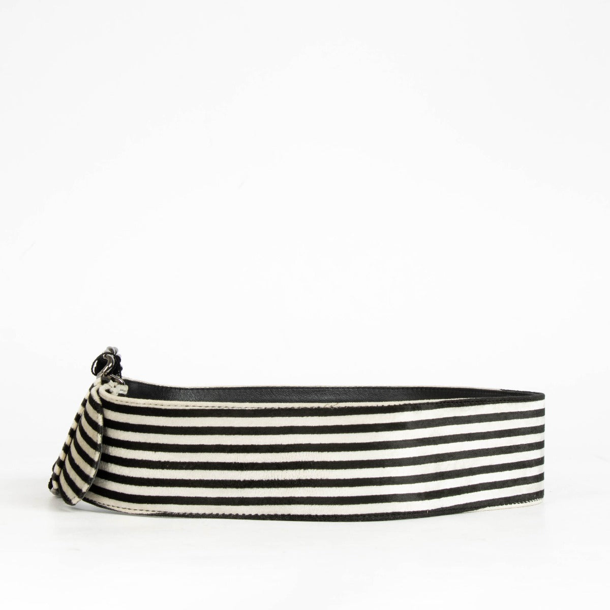 Authentic pre-loved Chanel Black/White Striped Velour Belt - Size 75 on Labellov.com