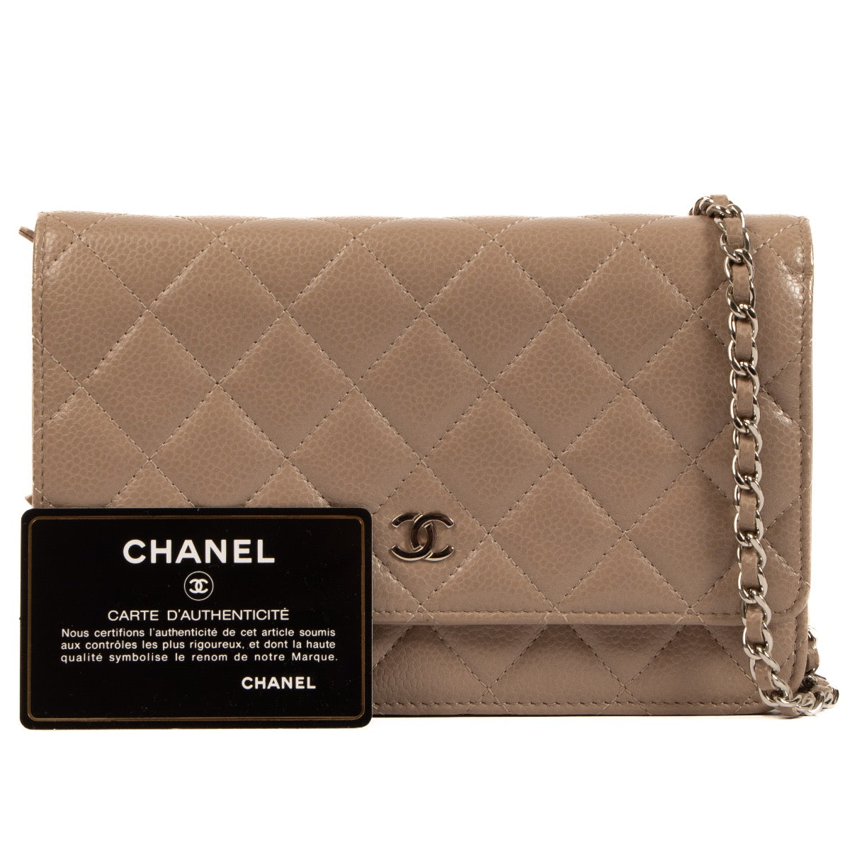 Chanel Taupe Caviar Leather WOC Wallet on Chain Bag for the best price at Labellov secondhand luxury. We buy and sell your preloved and new designer bags for the best price.