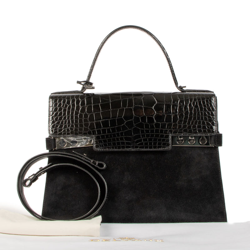 Delvaux Black Calf Velours/Shiny Alligator Tempête GM aan de beste prijs te koop bij Labellov tweedehands designer luxe in Antwerpen.