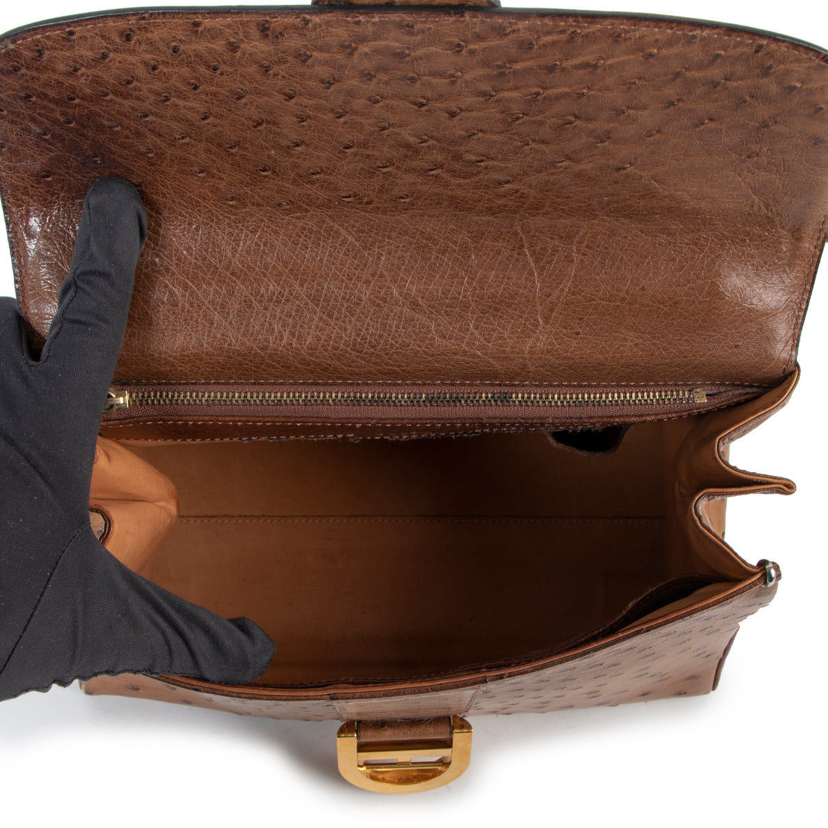 Delvaux Brillant MM Cognac Ostrich Top Handle Bag