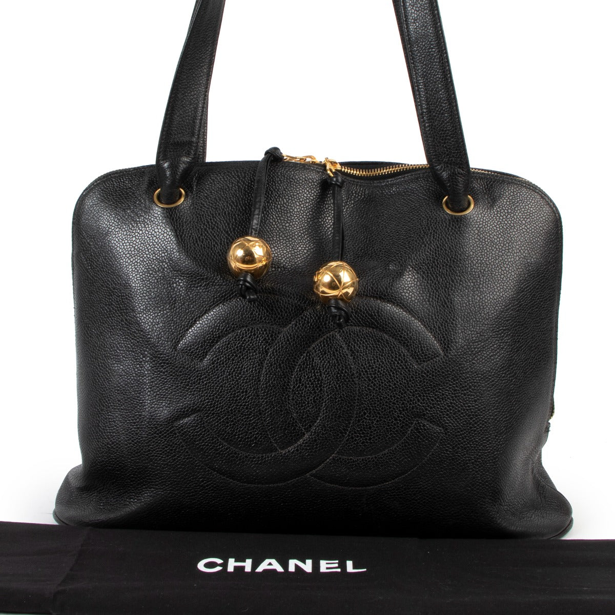 Chanel Vintage Black Caviar Timeless Gold Ball Charm Grand Shopping Satchel Bag