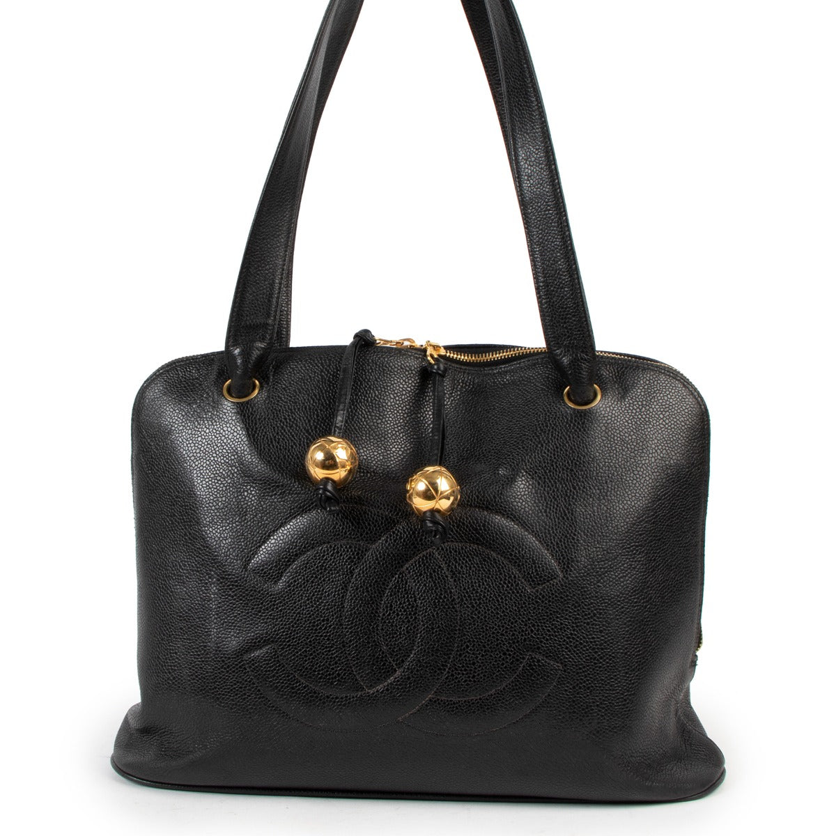 Chanel Vintage Black Caviar Timeless Gold Ball Charm Grand Shopping Satchel Bag