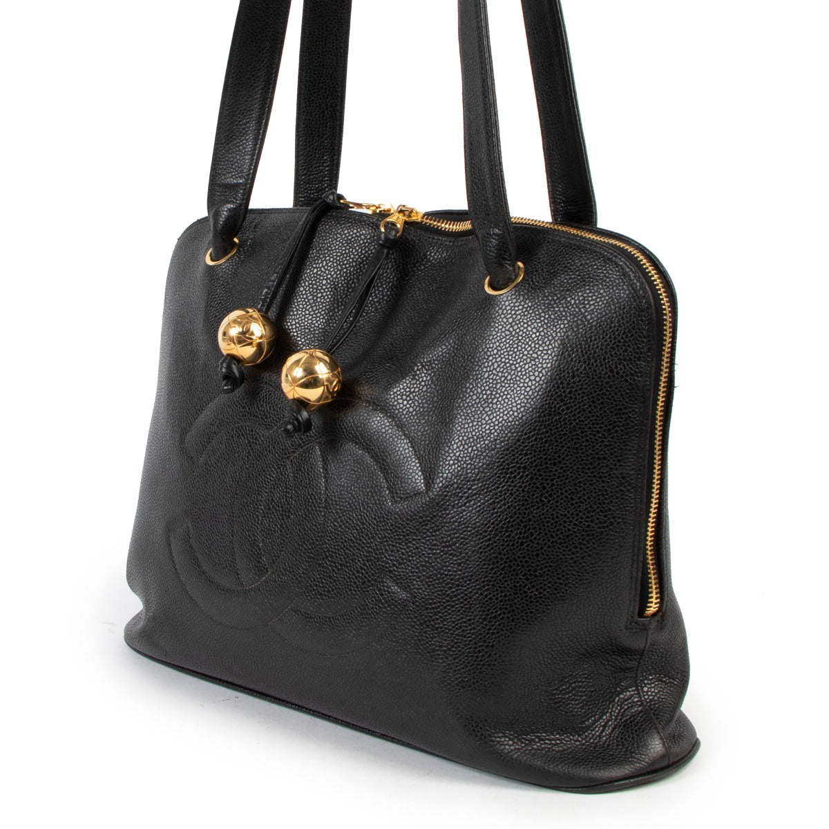 Chanel Vintage Black Caviar Timeless Gold Ball Charm Grand Shopping Satchel Bag