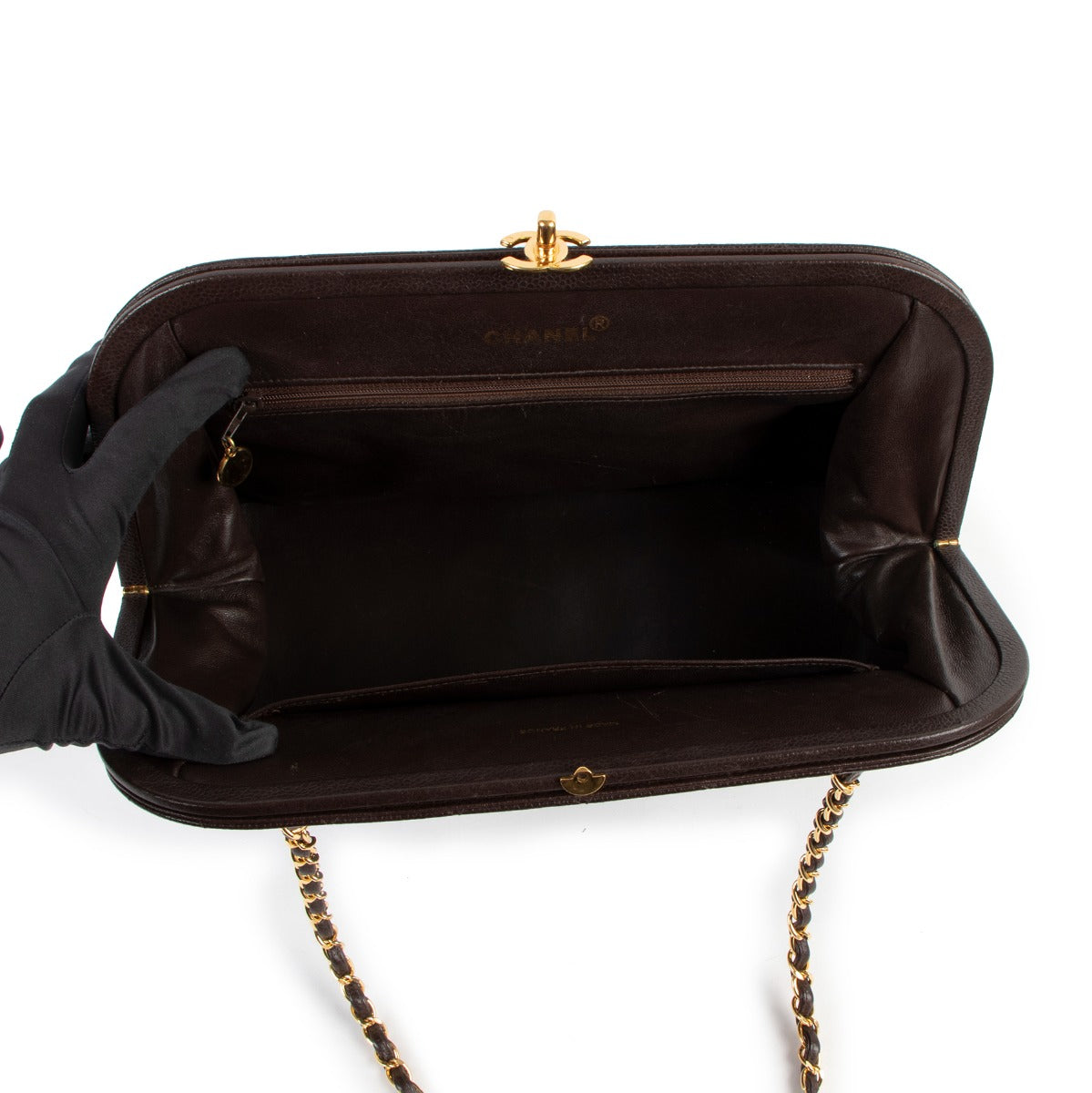 shop authentic second hand Chanel Brown Quilted Caviar CC Timeless Frame Bag at labellov.com
