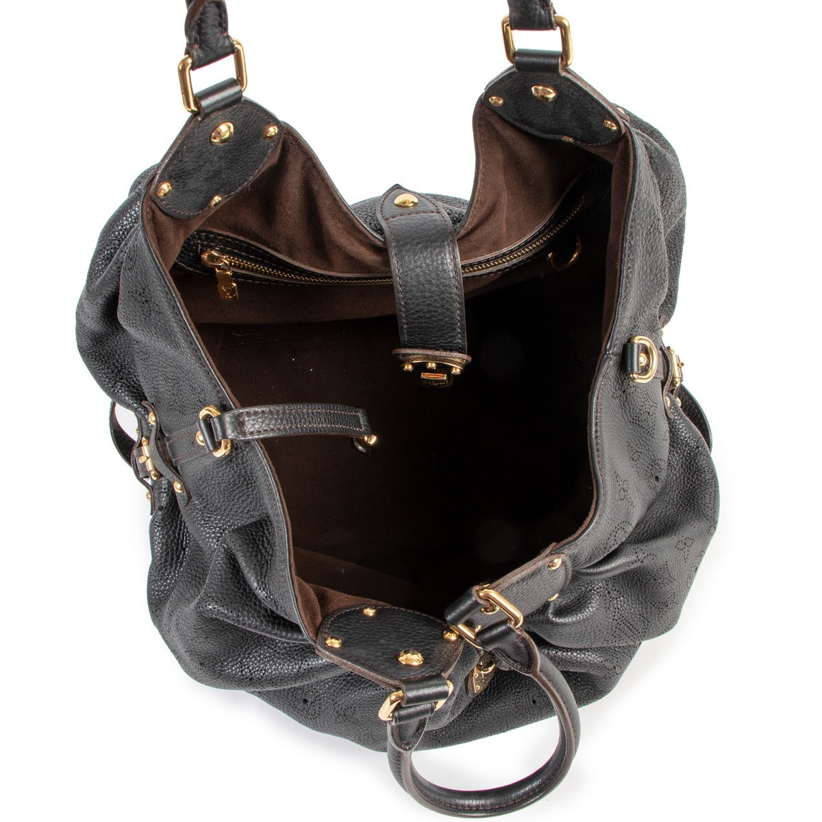 Buy online an authentic second hand Louis Vuitton Black Monogram Perforated Mahina Large Hobo Bag in very good condition at Labellov in Antwerp.