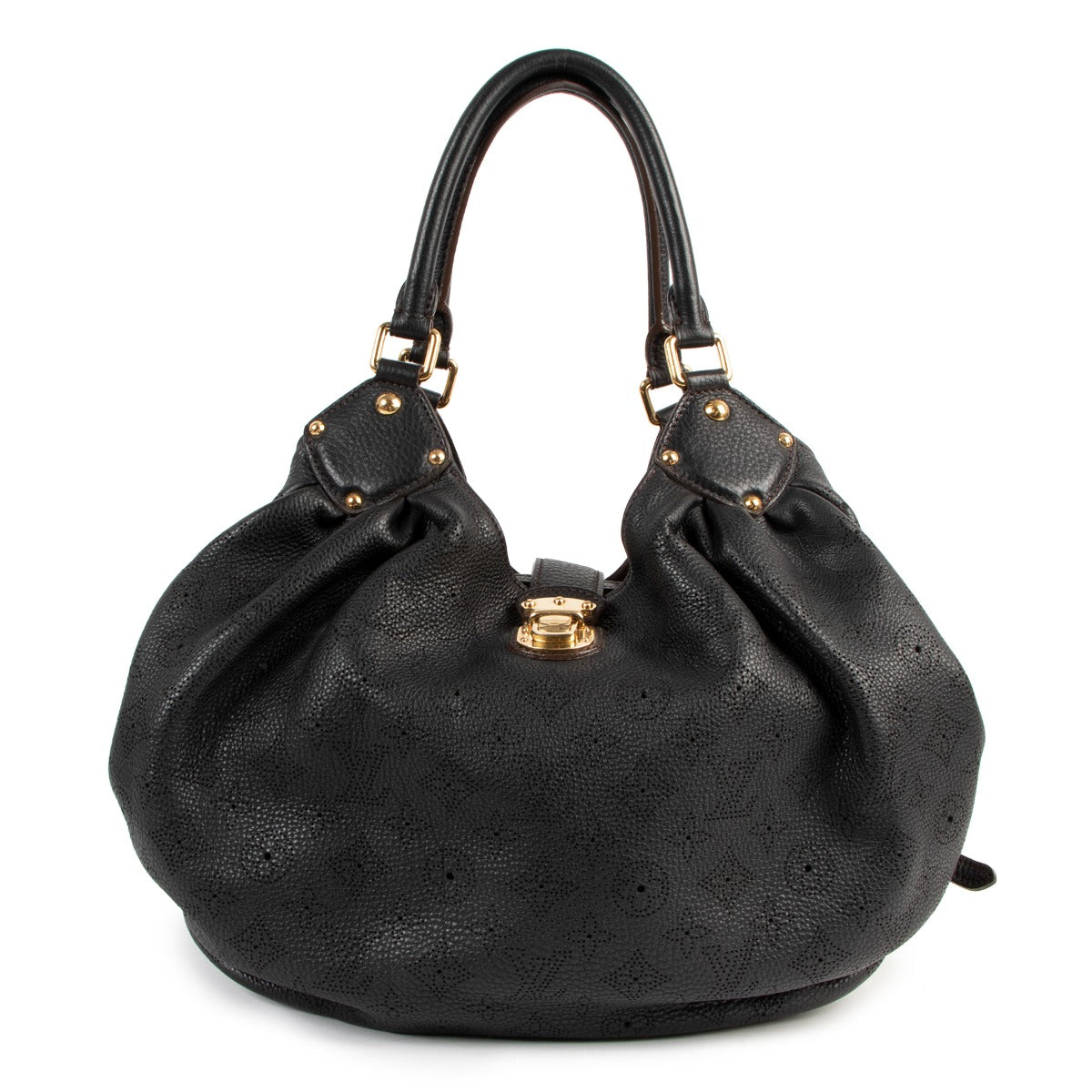 Buy online an authentic second hand Louis Vuitton Black Monogram Perforated Mahina Large Hobo Bag in very good condition at Labellov in Antwerp.