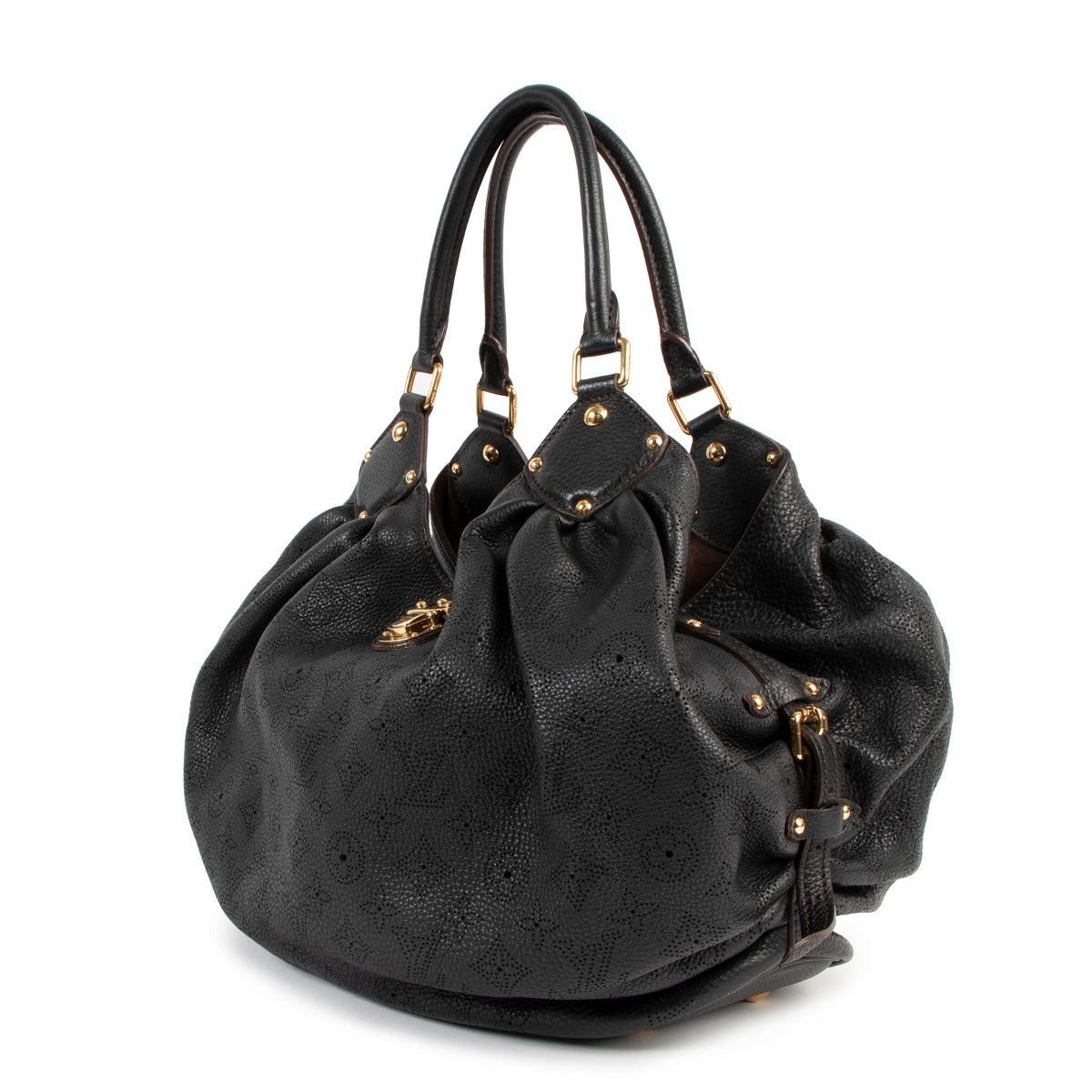Buy online an authentic second hand Louis Vuitton Black Monogram Perforated Mahina Large Hobo Bag in very good condition at Labellov in Antwerp.