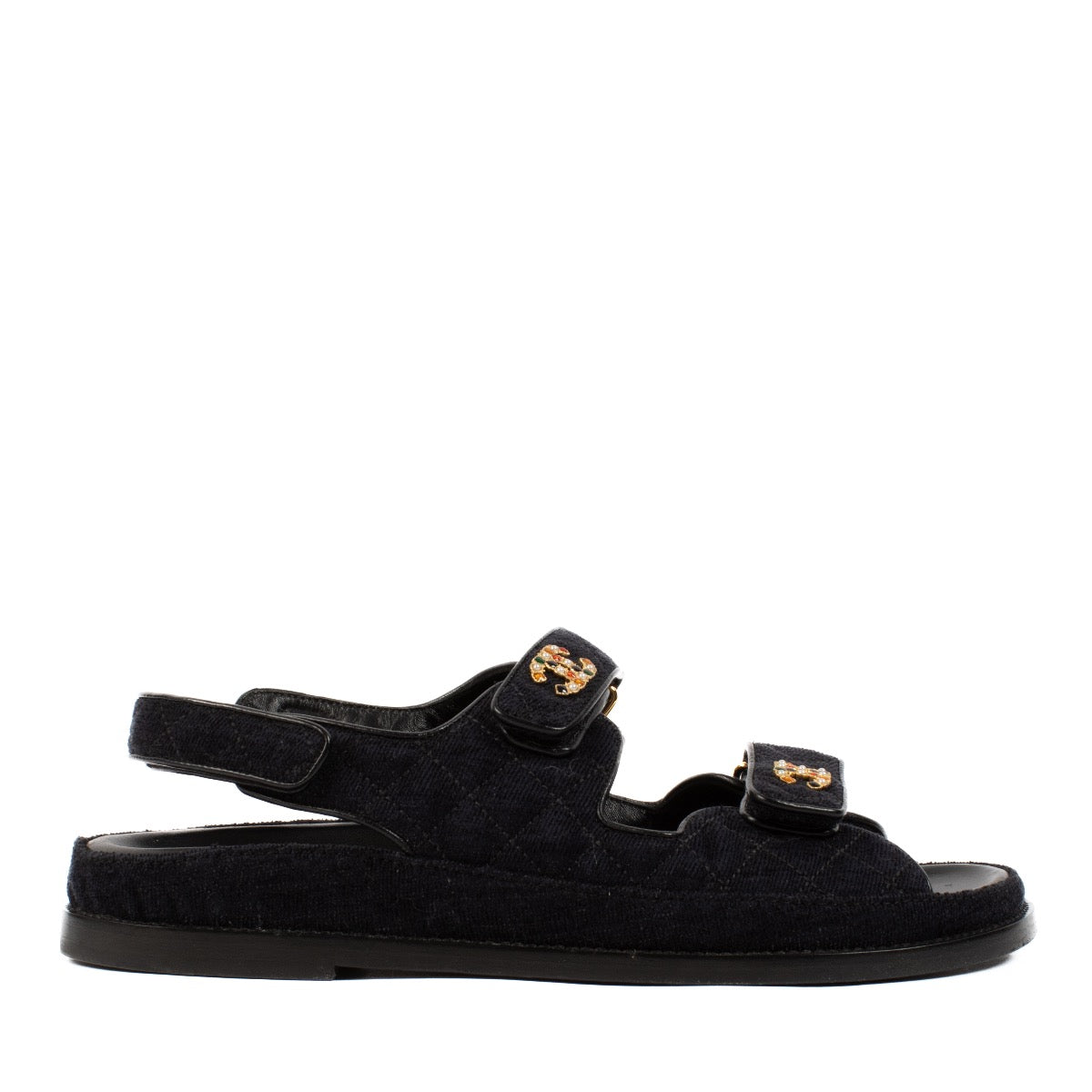 shop 100% authentic second hand Chanel Black Quilted Corduroy CC Dad Sandals - Size 40 1/2 on Labellov.com