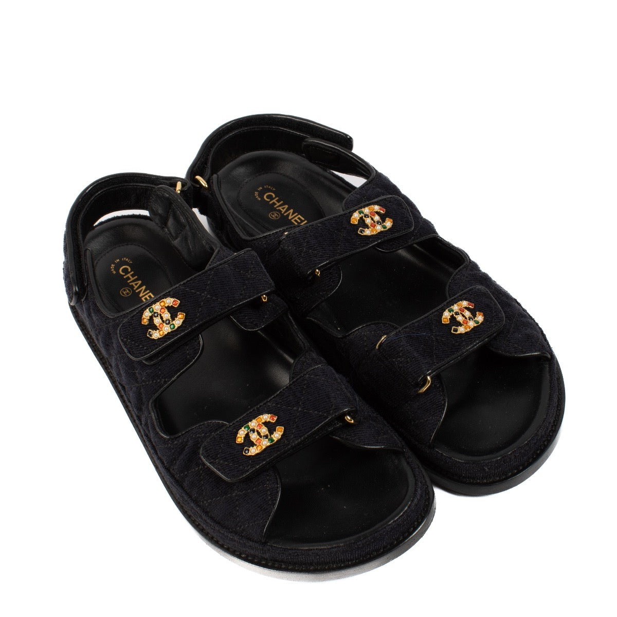 shop 100% authentic second hand Chanel Black Quilted Corduroy CC Dad Sandals - Size 40 1/2 on Labellov.com
