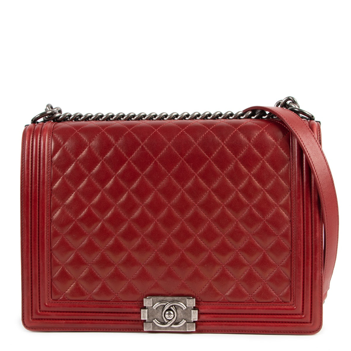 Buy an authentic second hand Chanel Burgundy Quilted Large Boy Bag in good condition at Labellov