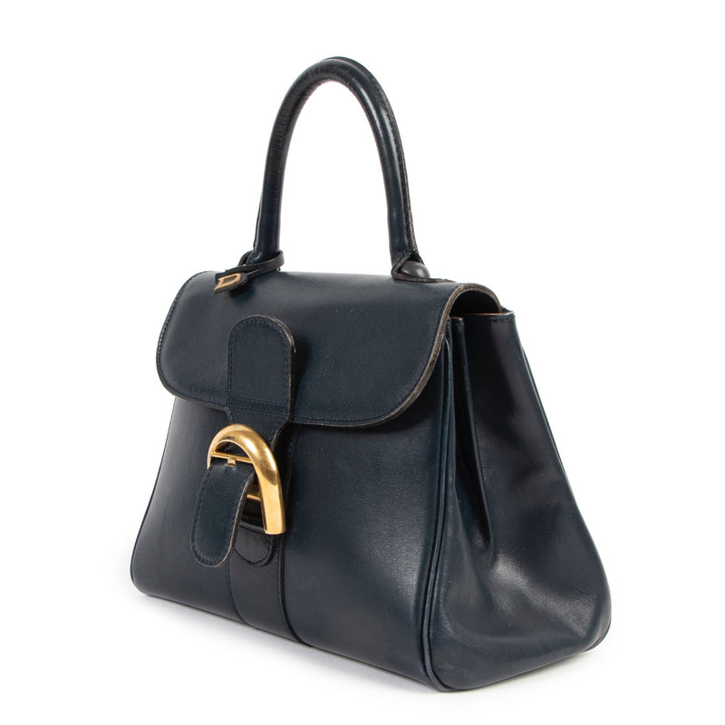Buy an authentic second hand Delvaux Blue Boxcalf Brillant PM Top Handle in good pre-loved condition at Labellov.