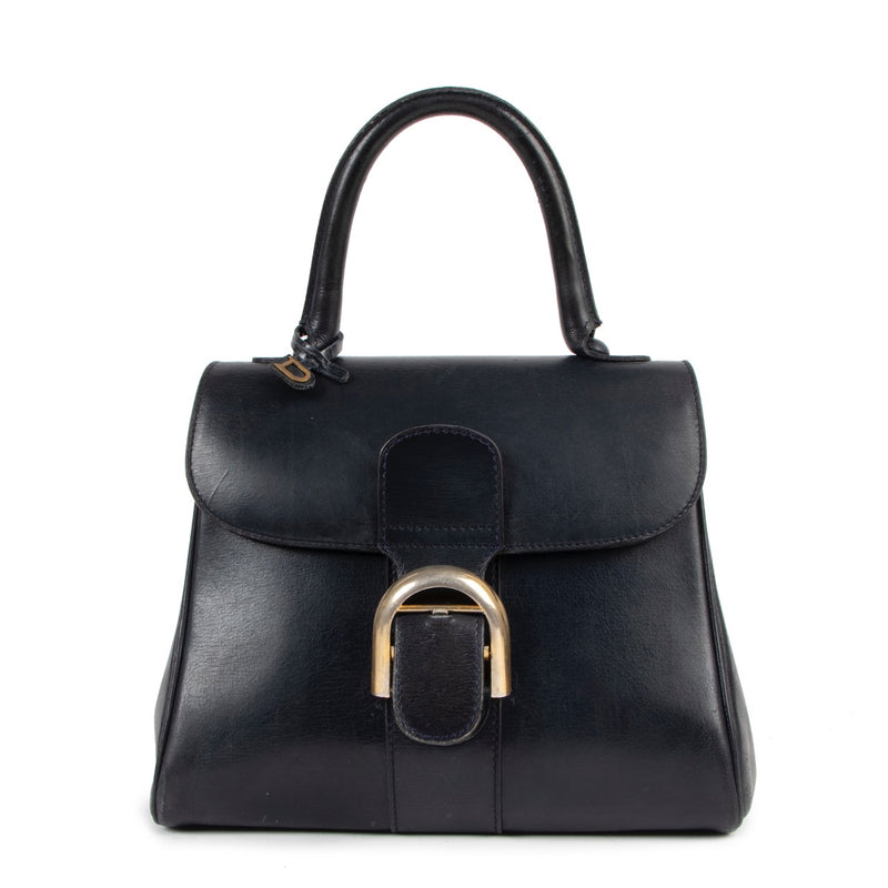 Buy an authentic second hand Delvaux Blue Boxcalf Brillant PM Top Handle in pre-loved condition at Labellov