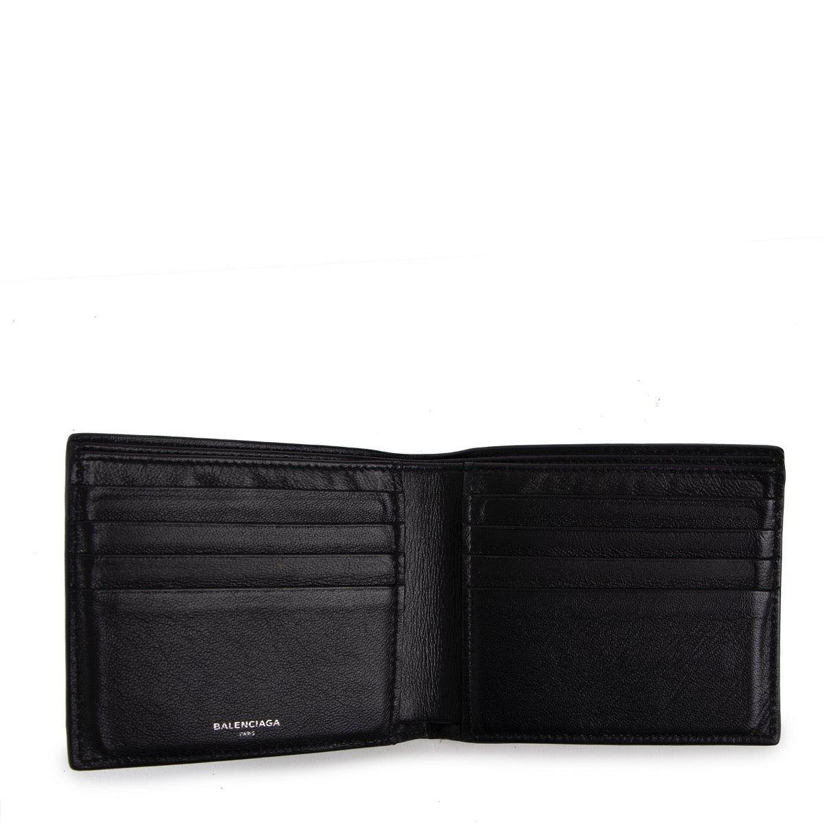 Buy an authentic second hand Balenciaga Black Leather Logo Print Square Folded Wallet in very good condition at Labellov