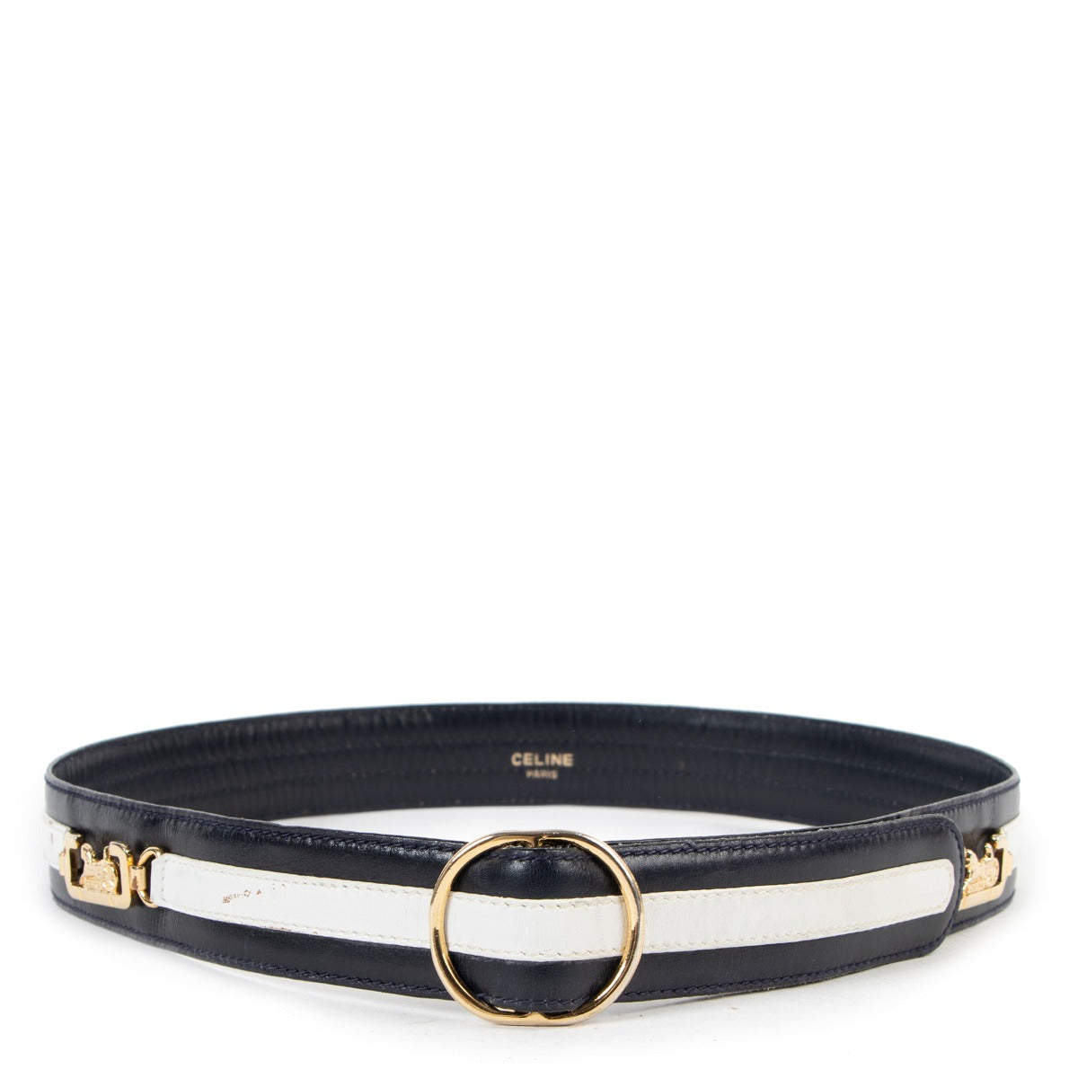 Celine Blue White Leather Gold Vintage Belt
