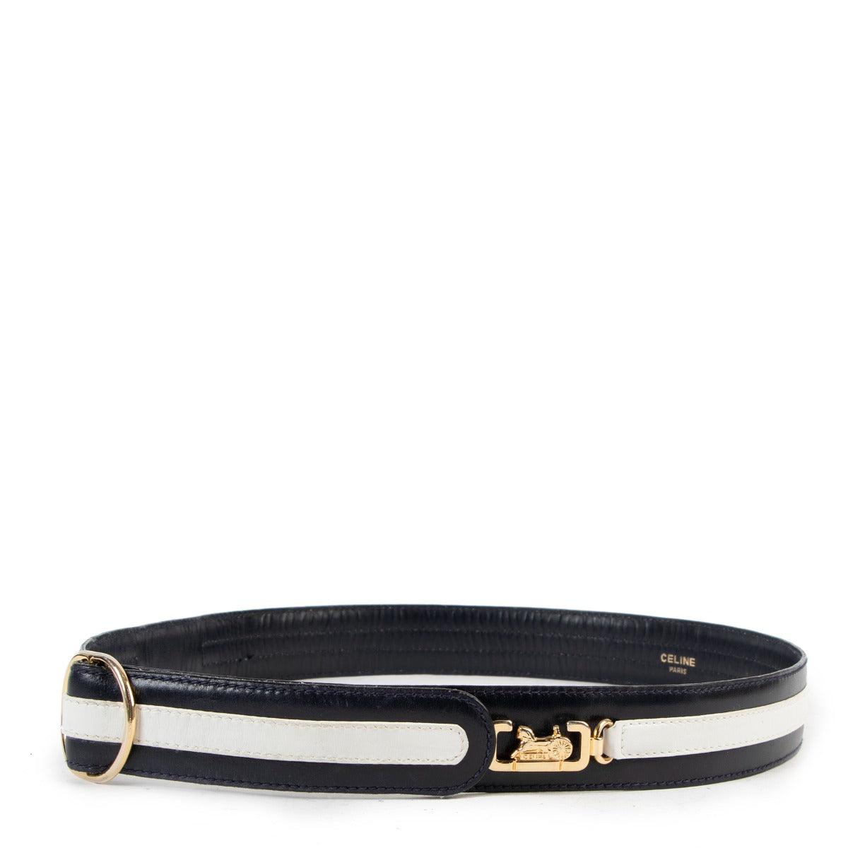 Celine Blue White Leather Gold Vintage Belt
