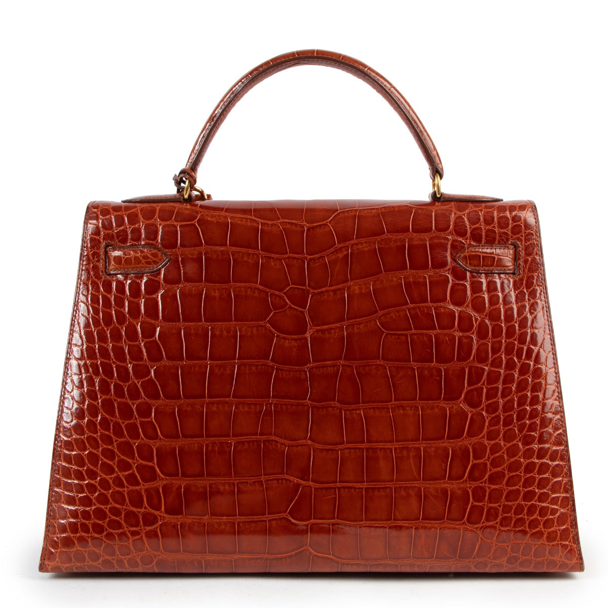 authentic second hand Hermès Kelly 32 Shiny Alligator Lisse Miel Gold Hardware At labellov