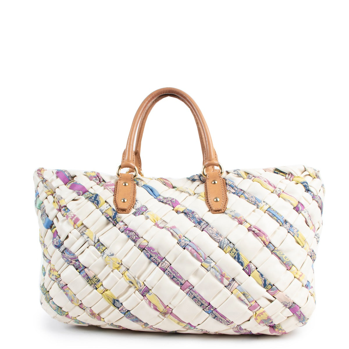 Etro White Woven Leather Multicolor Twilly Top Handle Bag