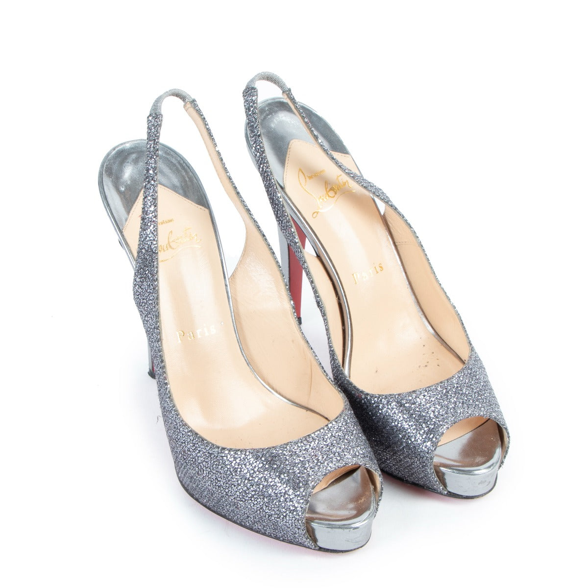 Christian Louboutin Silver/Anthracite Lady Glitter No Prive 120 Slingback Pumps