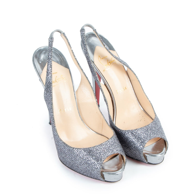Christian Louboutin Silver/Anthracite Lady Glitter No Prive 120 Slingback Pumps