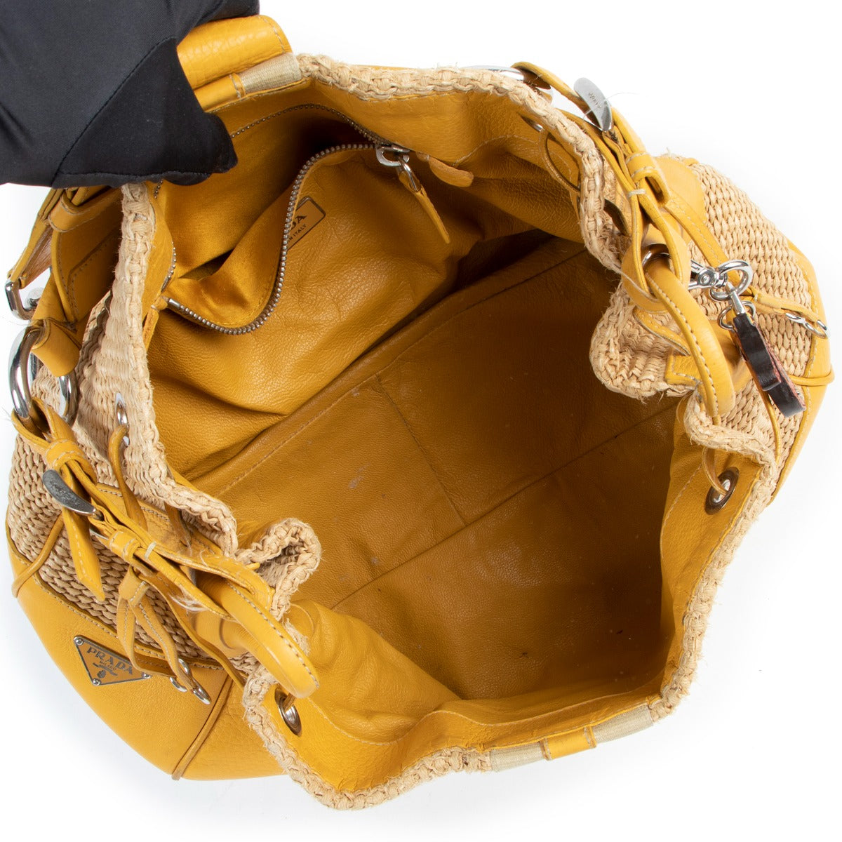 Prada Raffia Yellow Leather Shoulder Bag