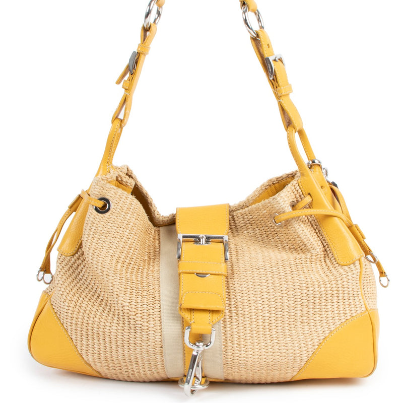 Prada Raffia Yellow Leather Shoulder Bag