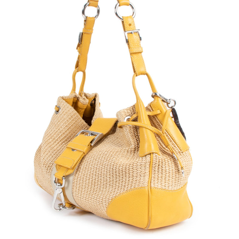 Prada Raffia Yellow Leather Shoulder Bag