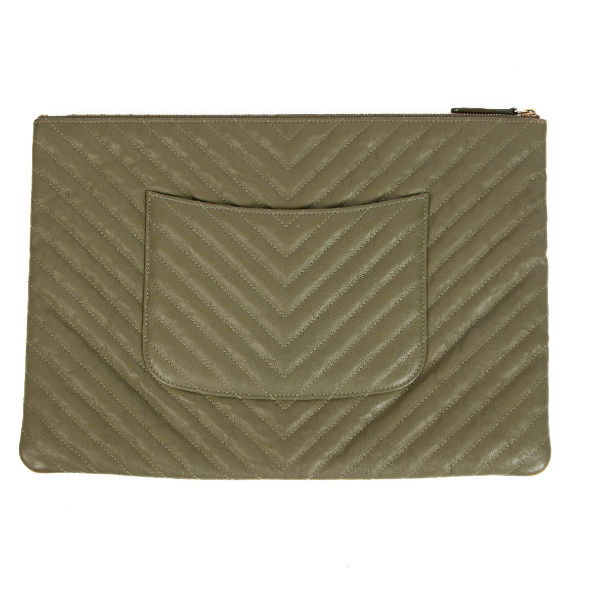 Chanel Khaki Green Chevron Large Clutch Bag