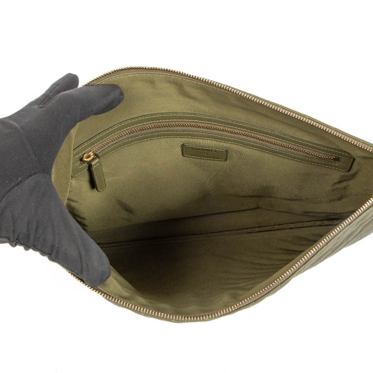 Chanel Khaki Green Chevron Large Clutch Bag