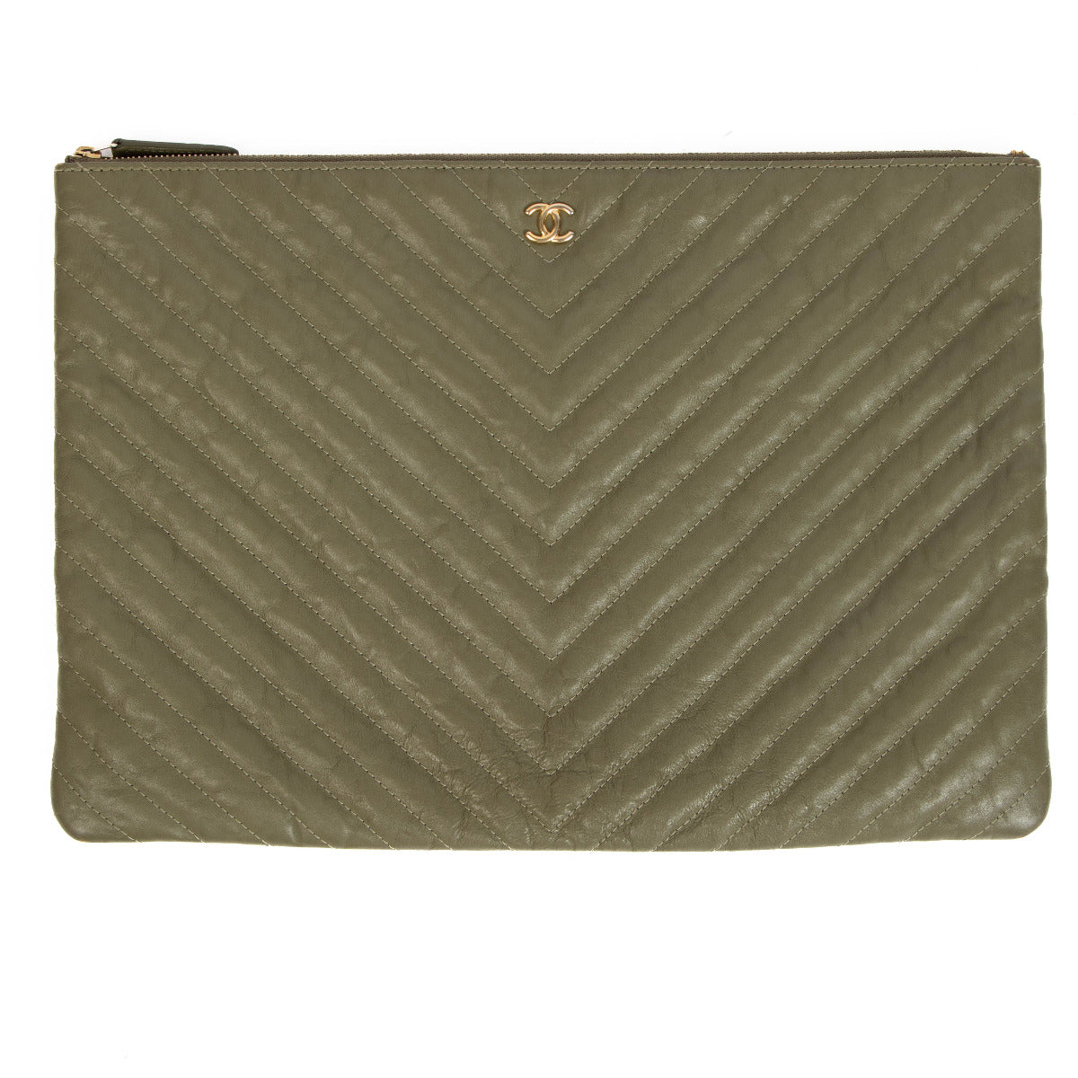 Chanel Khaki Green Chevron Large Clutch Bag