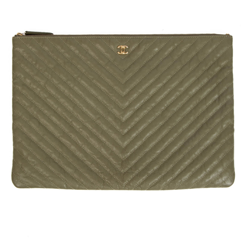 Chanel Khaki Green Chevron Large Clutch Bag