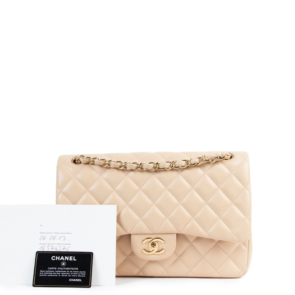 Shop safe online at Labellov in Antwerp this 100% authentic second hand Chanel Beige Classic Jumbo Flap Bag