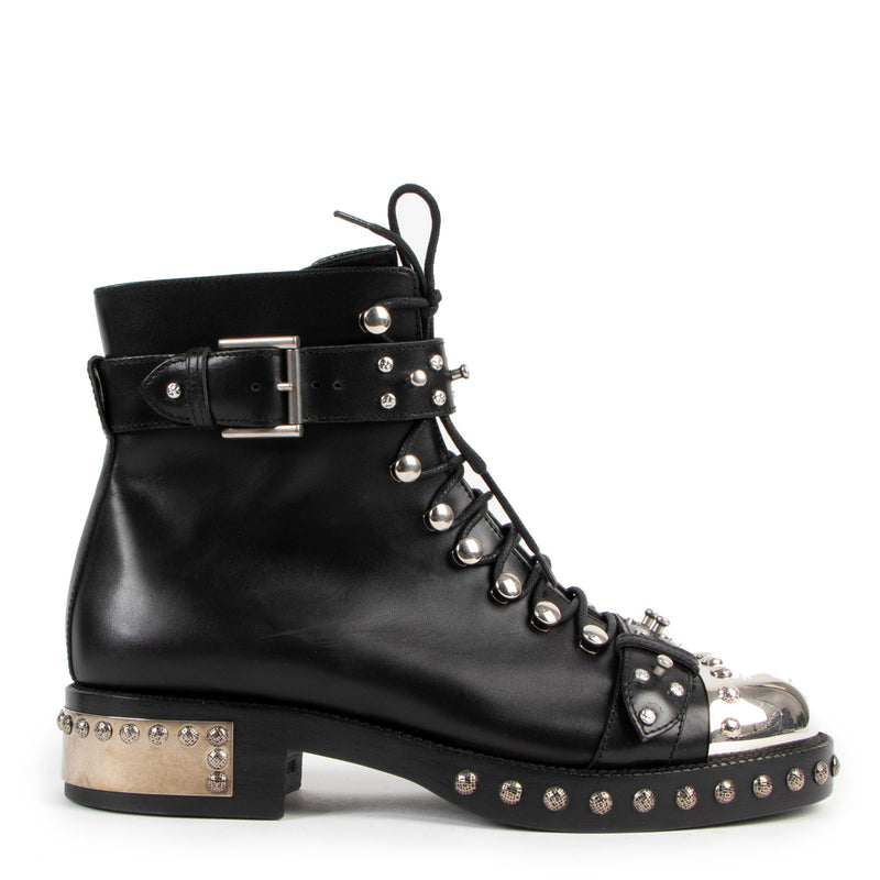 Alexander McQueen Black Leather Hobnail Studded Ankle Boots - size 39