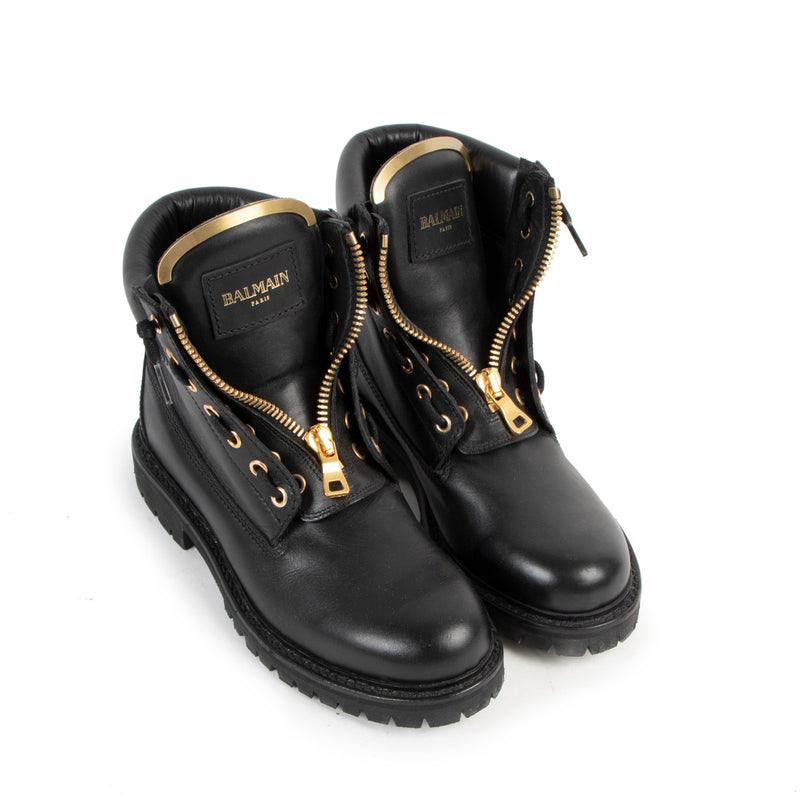 Balmain Black And Gold leather Taiga Combat Boots