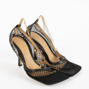 Bottega Veneta Black Mesh Heels size 39.5 with gold ankle chain and leather trim, in very good pre-loved condition, available at Labellov.com