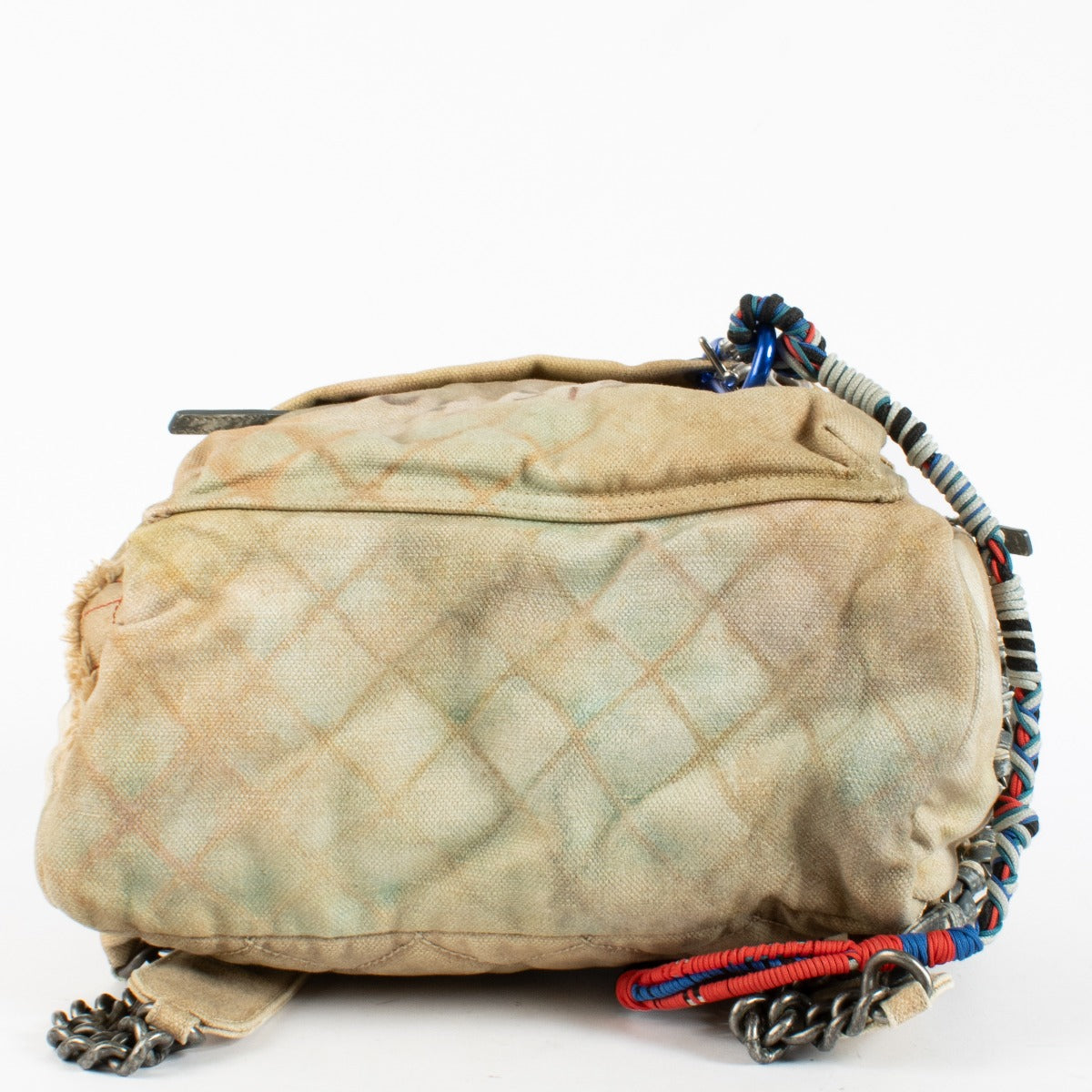 Chanel Beige Graffiti Backpack from 2014 with distressed canvas and rope accents at Labellov.com