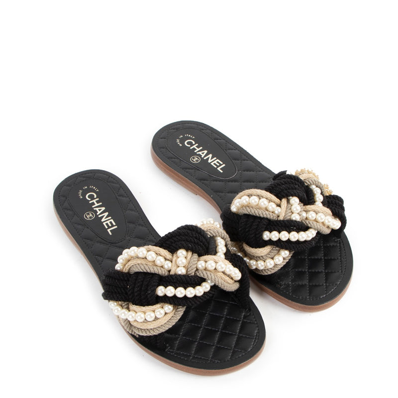 Buy authentic second hand Chanel Two Tone Rope With Faux Pearls Cuba Slide Sandals - Size 39 in very good condition at Labellov in Antwerp.