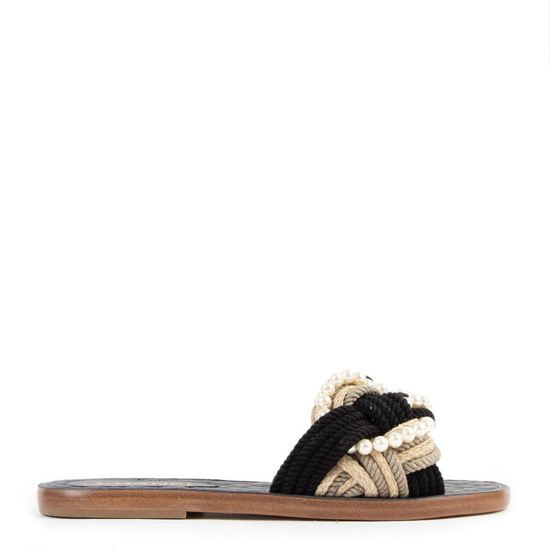 Buy authentic second hand Chanel Two Tone Rope With Faux Pearls Cuba Slide Sandals - Size 39 in very good condition at Labellov in Antwerp.