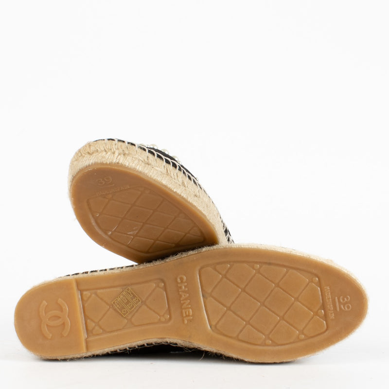 Authentic Preloved Chanel Black Pearl Espadrilles Black White Flats - Size 39 on Labellov.com