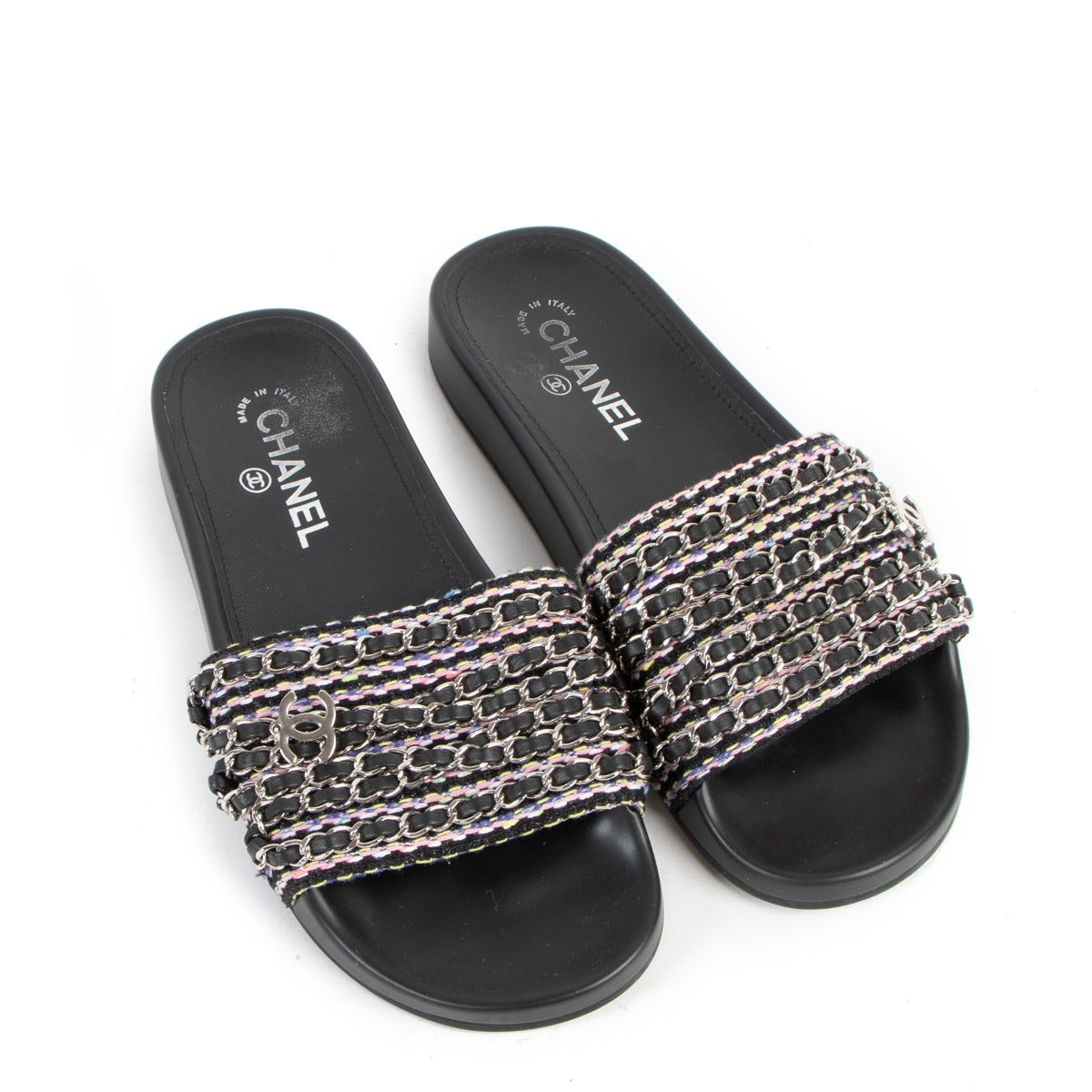 Chanel Black Tweed Tropiconic Chain CC Flats
