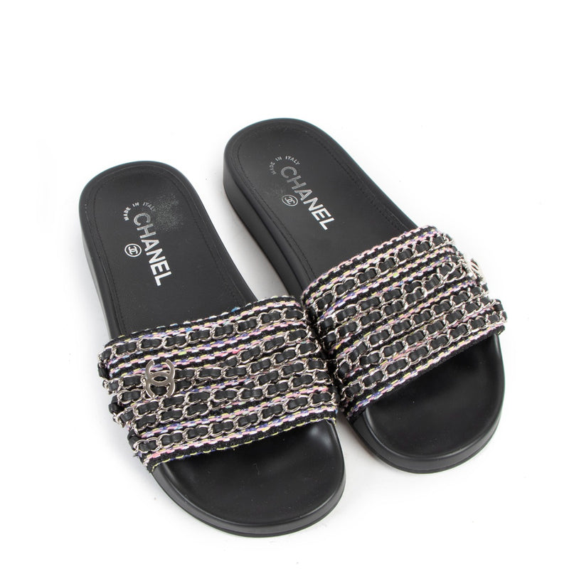 Chanel Black Tweed Tropiconic Chain CC Flats