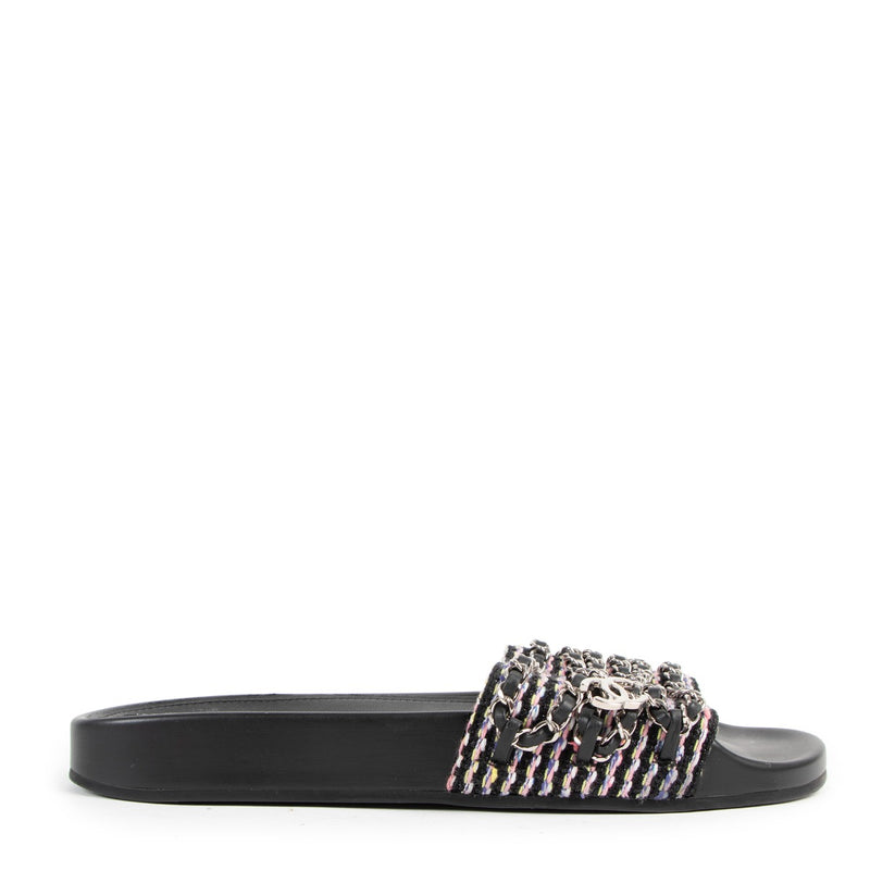 Chanel Black Tweed Tropiconic Chain CC Flats