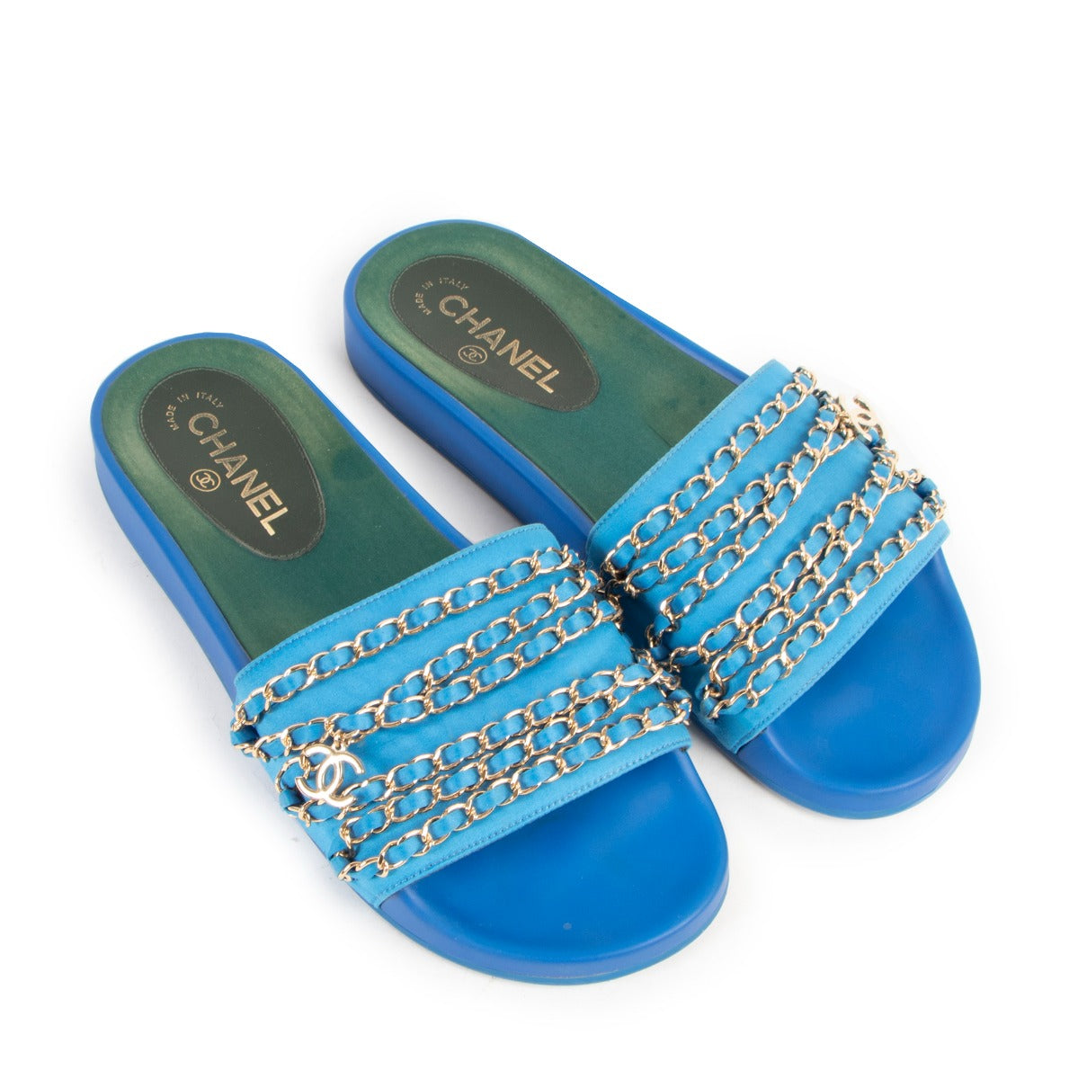 Chanel Blue Tropiconic Chain CC Satin Slides