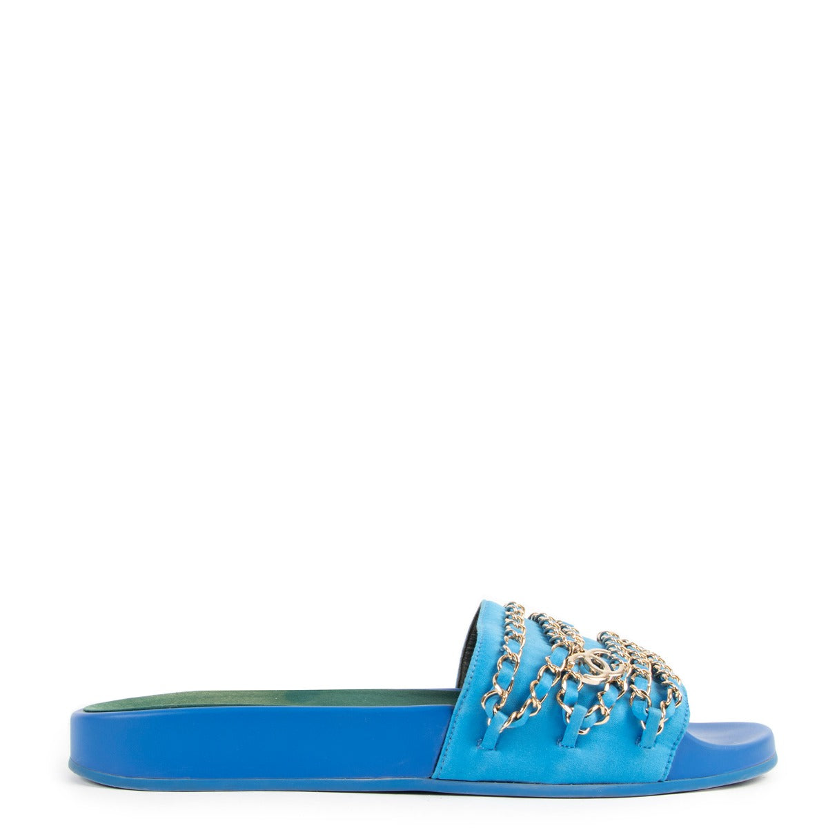 Chanel Blue Tropiconic Chain CC Satin Slides