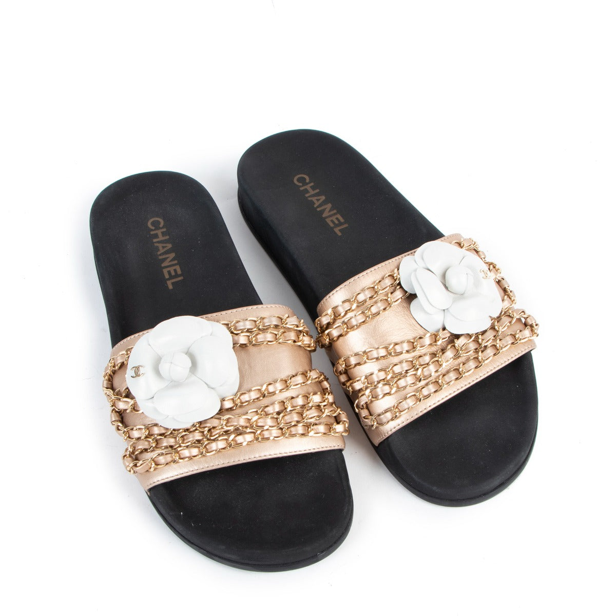 Chanel Rose Gold Tropiconic Camellia CC Chain Slides - Size 40