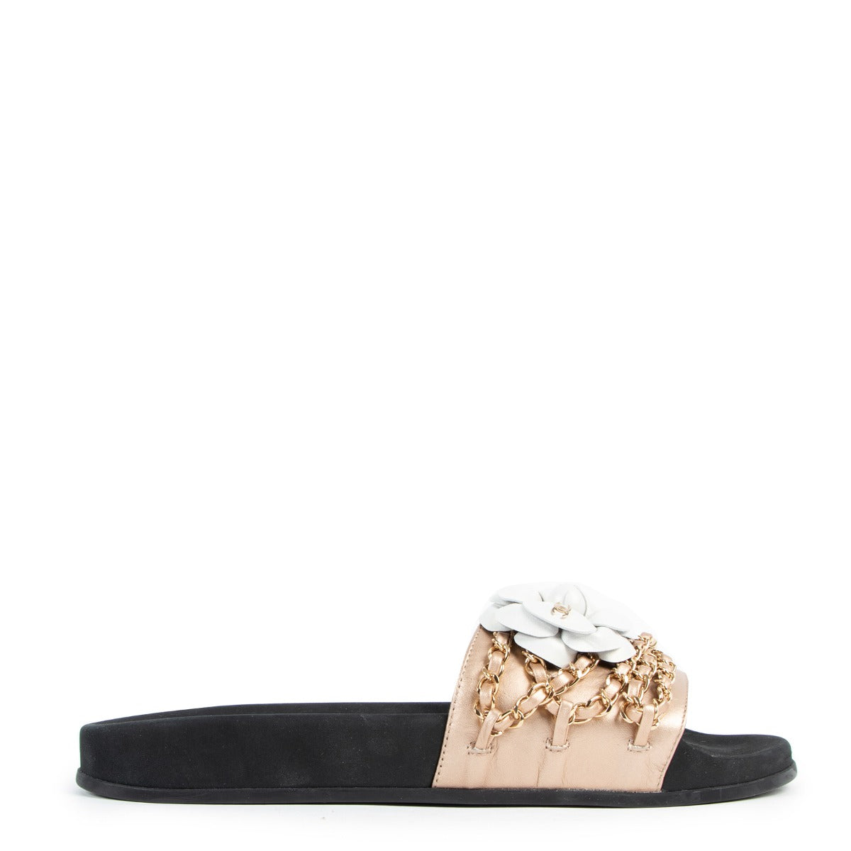Chanel Rose Gold Tropiconic Camellia CC Chain Slides - Size 40