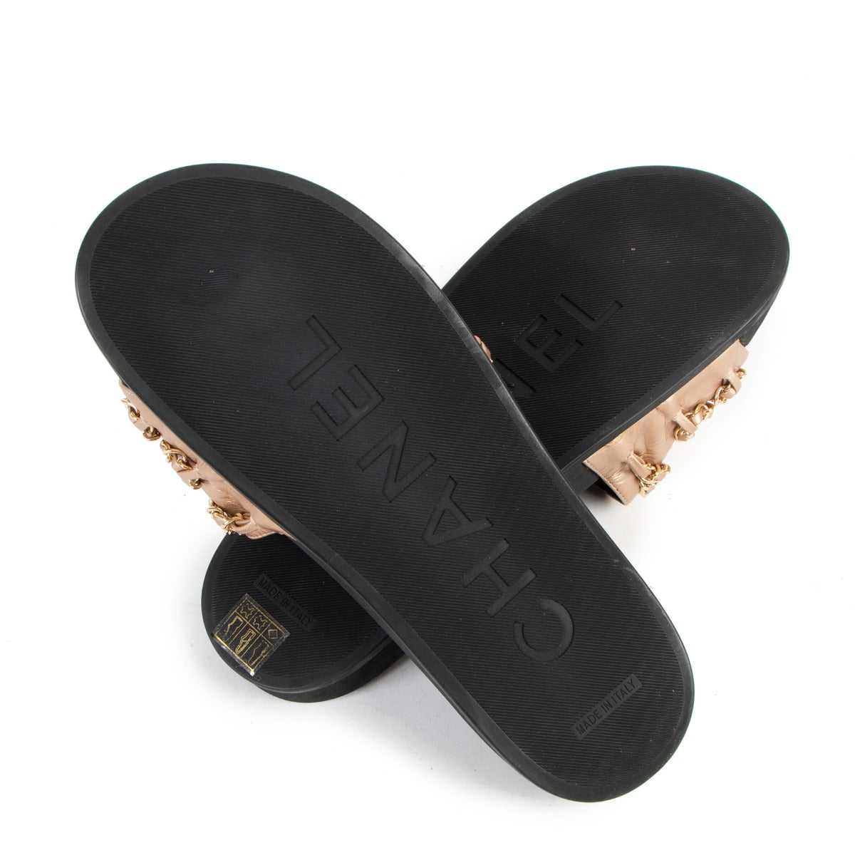 Chanel Rose Gold Tropiconic Camellia CC Chain Slides - Size 40