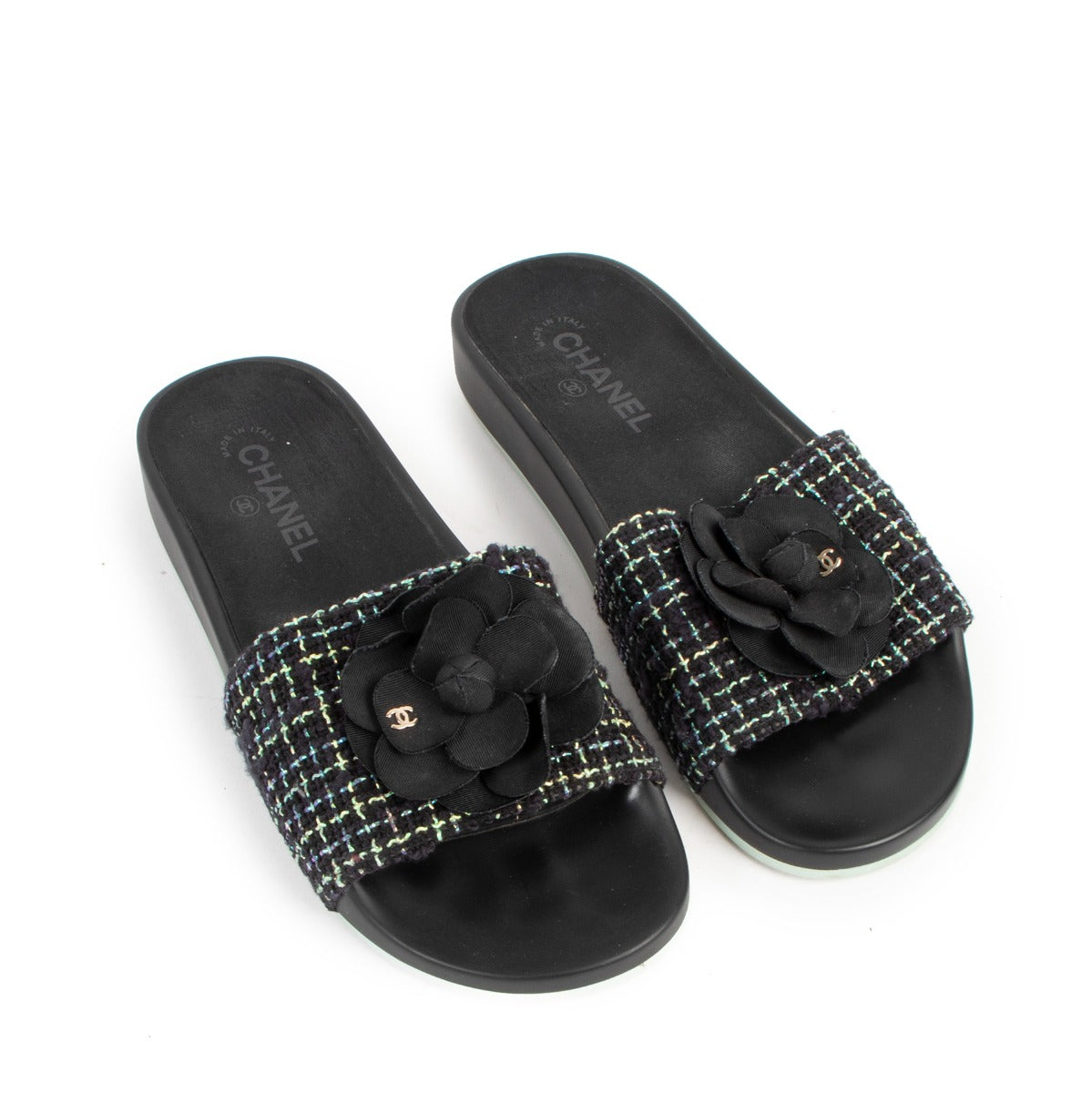 Chanel 17s Spring/Summer 2017 Black And Green Tweed Camellia CC Slides