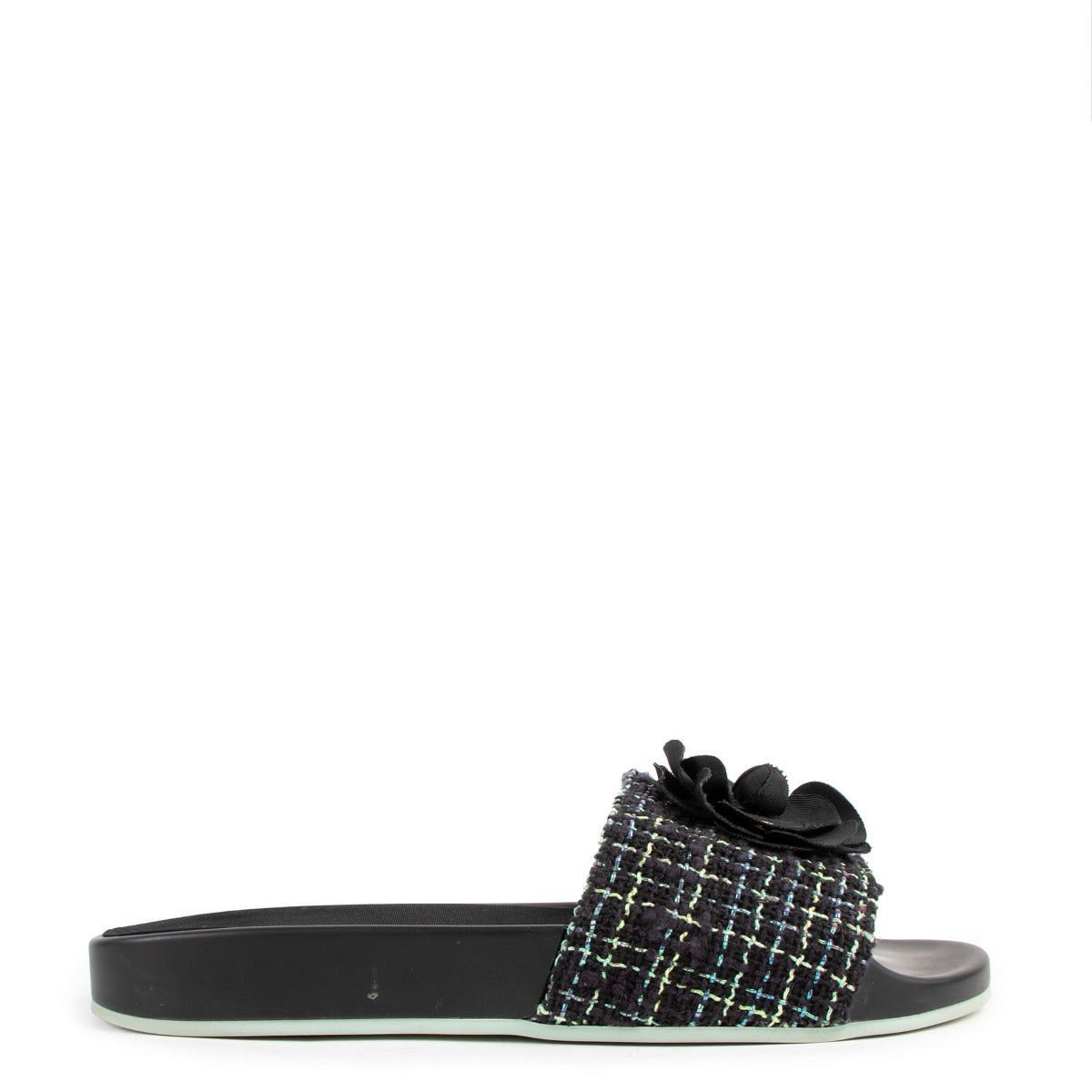 Chanel 17s Spring/Summer 2017 Black And Green Tweed Camellia CC Slides